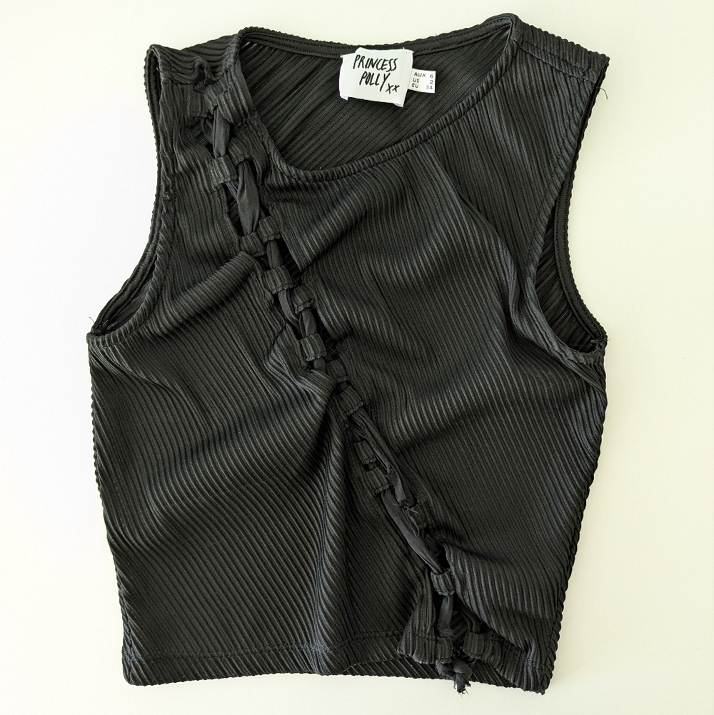 Princess Polly Black Ribbed Sleeveless Crop Top with Twist Detail